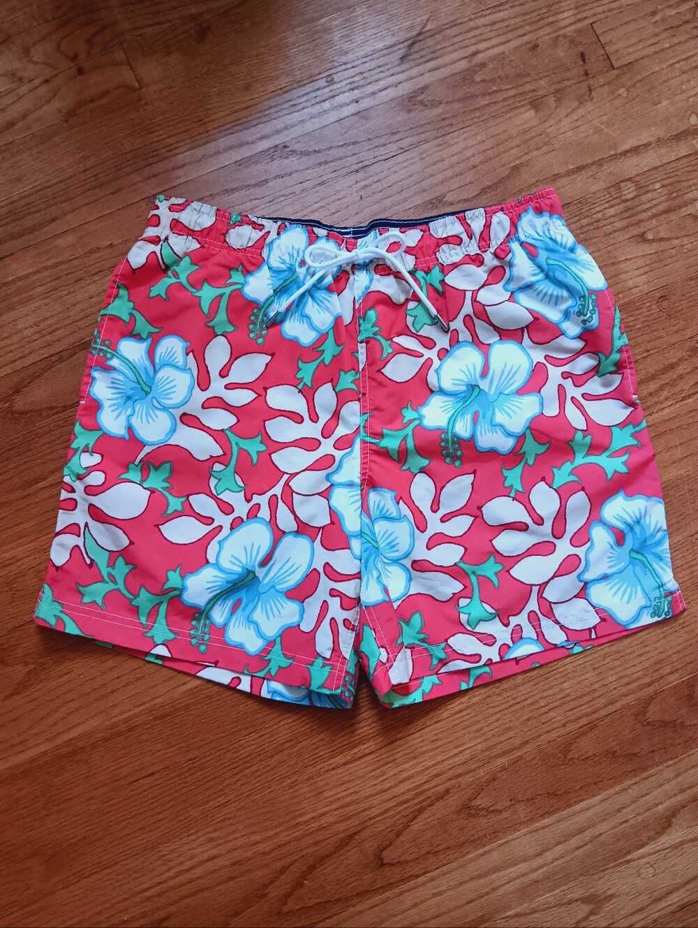 NWOT Lands' End Men's Coral Green Blue Tropical Floral Swim Trunks M 32-34